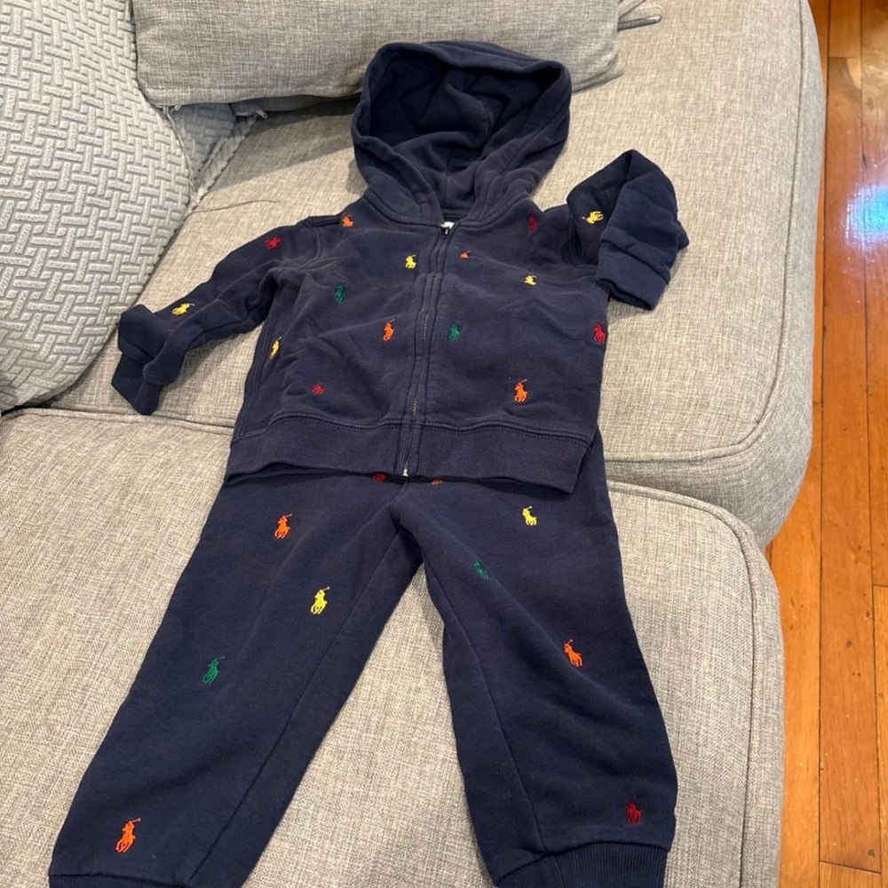 Ralph Lauren Navy Hoodie and Pants Set with Multicolor Embroidery - 24 months